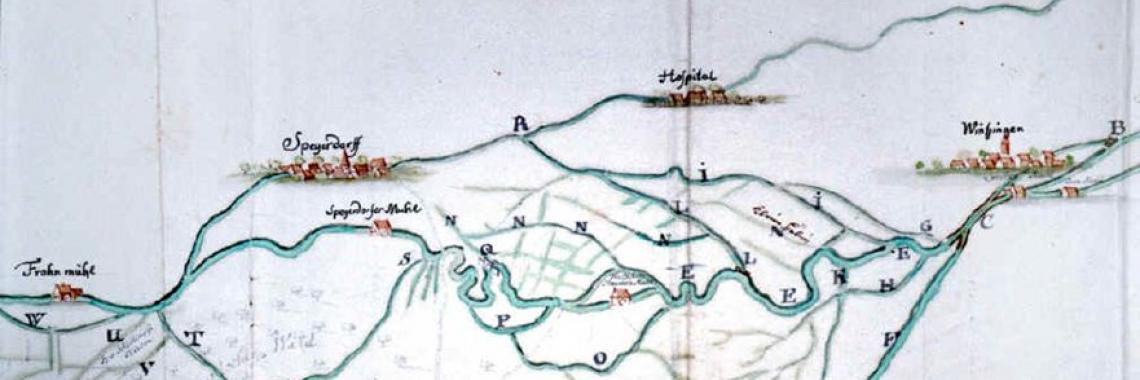 Detail of a water plan from 1759, that shows the water meadows between Neustadt und Speyerdorf